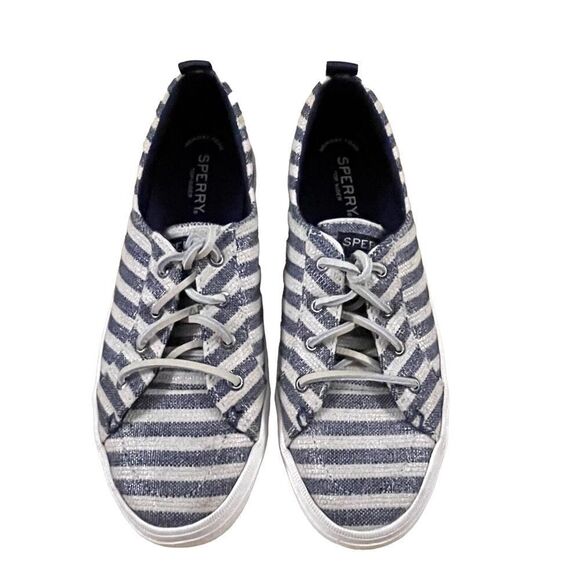 SPERRY ~Top-Sider Crest Vibe Seasonal Stripe Sneaker in Oatmeal/Blue~Size 8 - Picture 1 of 11